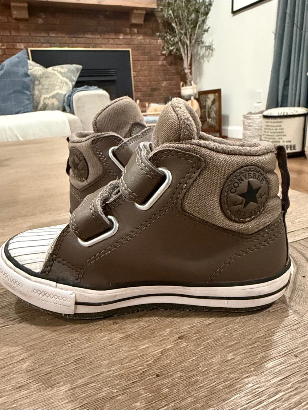 Kids Converse Brown Leather High-Top Velcro Sneakers- Fleece Lined